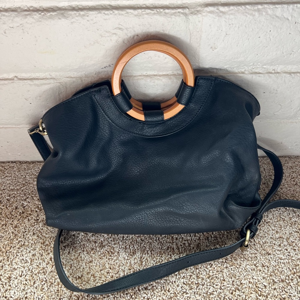 Anthropologie Black Shoulder Bag with Circular Wooden Handles